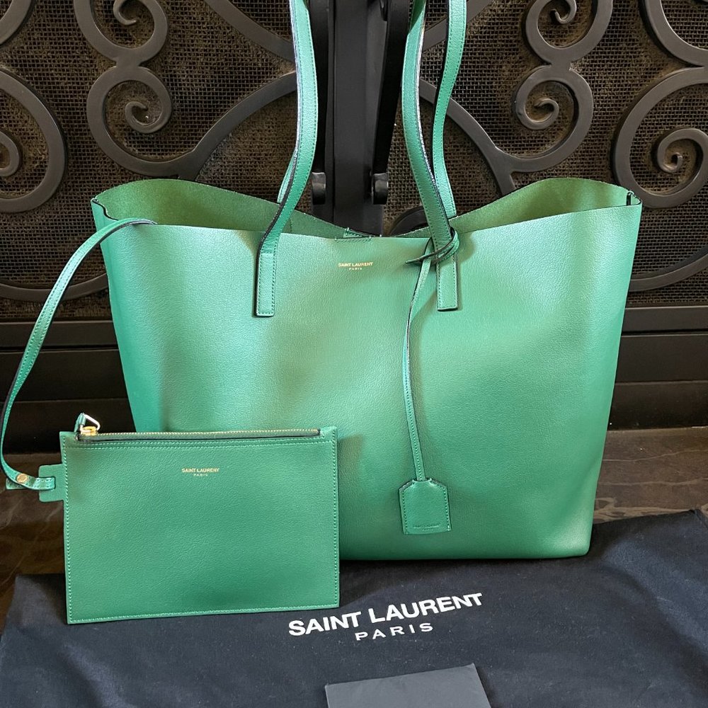 SAINT LAURENT GREEN EAST WEST LEATHER SHOPPER TOTE BAG